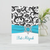 Black and White Damask with Aqua FAUX Ribbon Invitation (Standing Front)