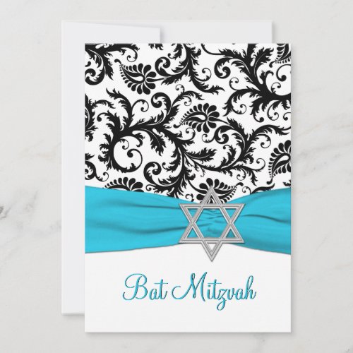 Black and White Damask with Aqua FAUX Ribbon Invites