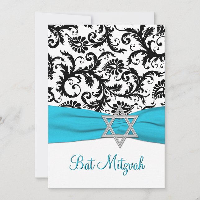 Black and White Damask with Aqua FAUX Ribbon Invitation (Front)