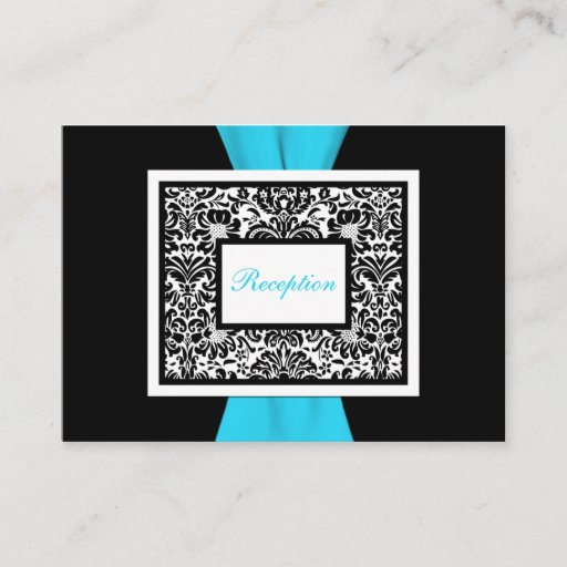 Customizable Black and White Damask with Blue Enclosure Card Business Cards