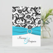 Black and White Damask with Blue Faux Ribbon Invitation (Standing Front)