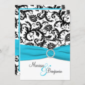 Black and White Damask with Blue Faux Ribbon Invitation (Front/Back)