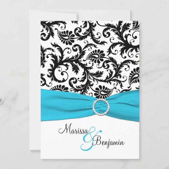 Black and White Damask with Blue Faux Ribbon Invitation (Front)