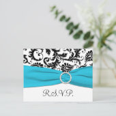 Black and White Damask with Blue RSVP Postcard (Standing Front)