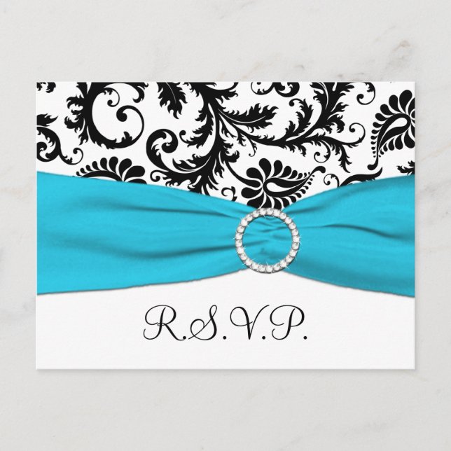 Black and White Damask with Blue RSVP Postcard (Front)