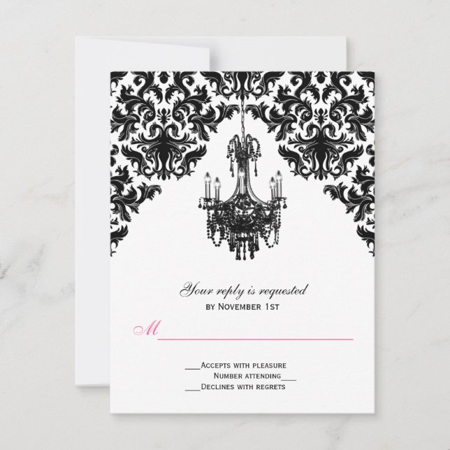 Black and White Damask with Chandelier Reply Card (Front)