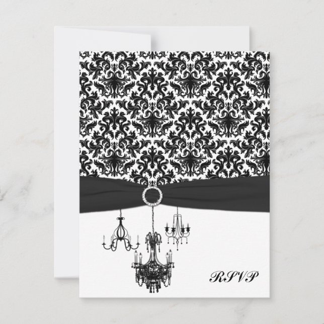 Black and White Damask with Chandeliers Reply Card (Front)