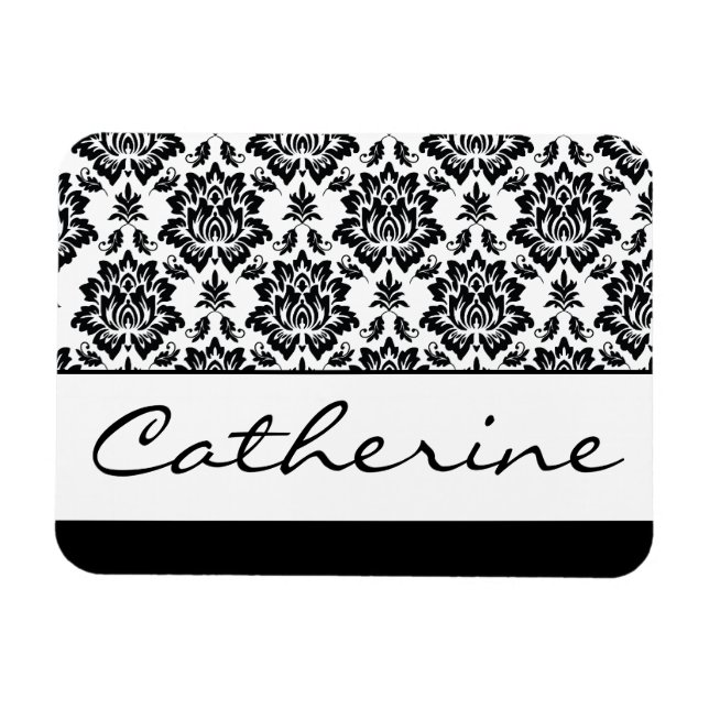 Black and White Damask with Customizable Name Magnet (Horizontal)