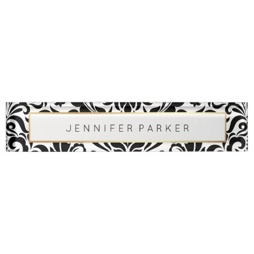 Black and White Damask with Faux Gold Accent Nameplate