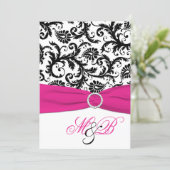 Black and White Damask with Fuchsia Faux Ribbon Invitation (Standing Front)