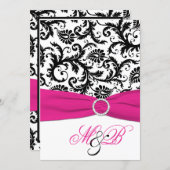 Black and White Damask with Fuchsia Faux Ribbon Invitation (Front/Back)