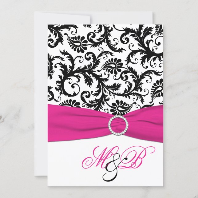 Black and White Damask with Fuchsia Faux Ribbon Invitation (Front)