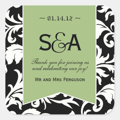 Black and White Damask with Green _ Favor Stickers