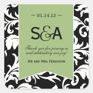 Black and White Damask with Green - Favor Stickers