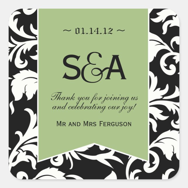 Black and White Damask with Green - Favor Stickers (Front)