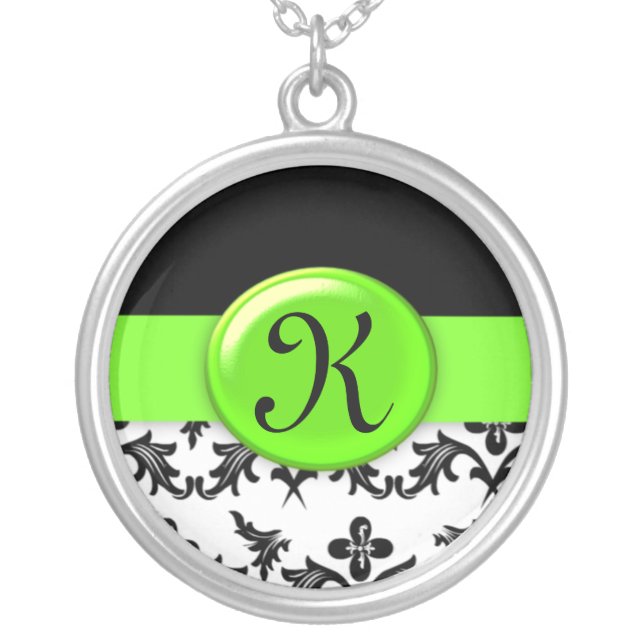Black and White Damask with Lime Green Monogrammed Silver Plated Necklace (Front)