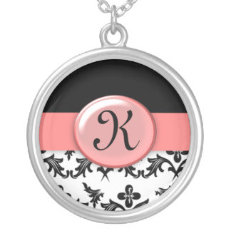 Black and White Damask with Pink Monogrammed Silver Plated Necklace