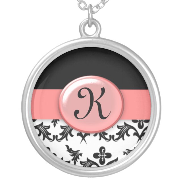 Black and White Damask with Pink Monogrammed Silver Plated Necklace (Front)