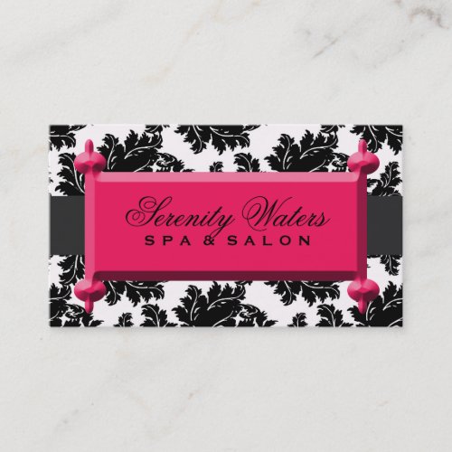 Black and White Damask with Red Magenta Name Plate Business Card Template