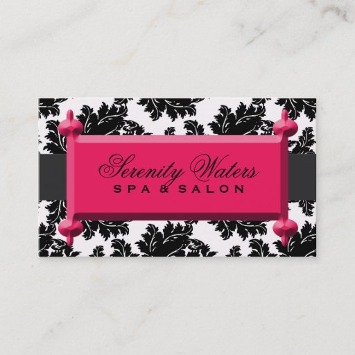 Customizable Black and White Damask with Red Magenta Name Plate Business Card Template