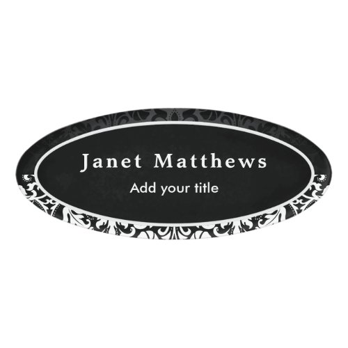 Black and White Damask with White Trim Design Name Tag