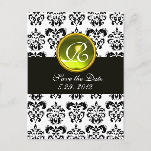 BLACK AND WHITE DAMASK YELLOW TOPAZ  MONOGRAM ANNOUNCEMENT POSTCARD