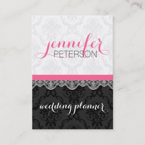 Black And White Damasks And Lace Wedding Planer Business Card