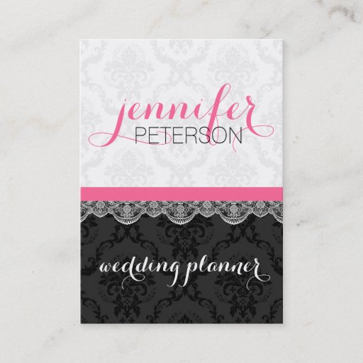 Customizable Black And White Damasks And Lace Wedding Planer Business Card