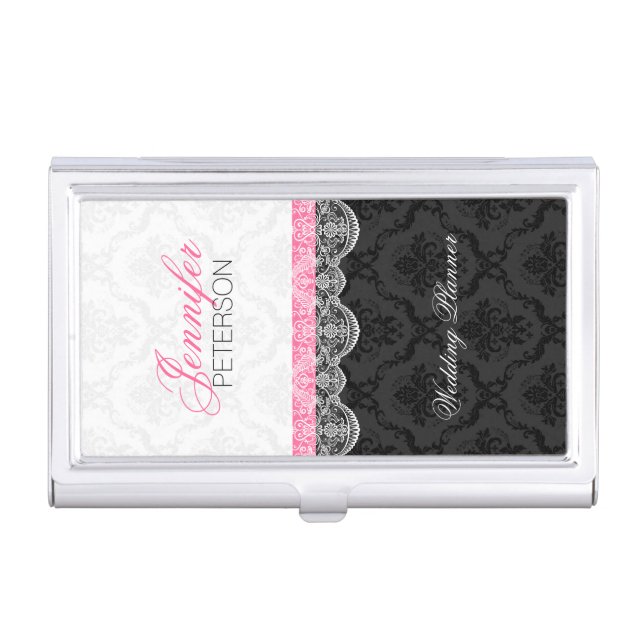 Black And White Damasks And Lace Wedding Planer Business Card Holder (Front)