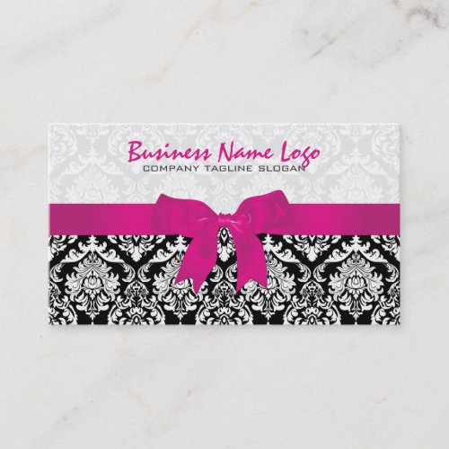 Black And White Damasks Pink Bow 2 Business Card