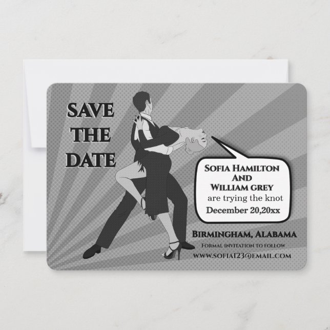 Black and white dancing couple save the date  invitation (Front)