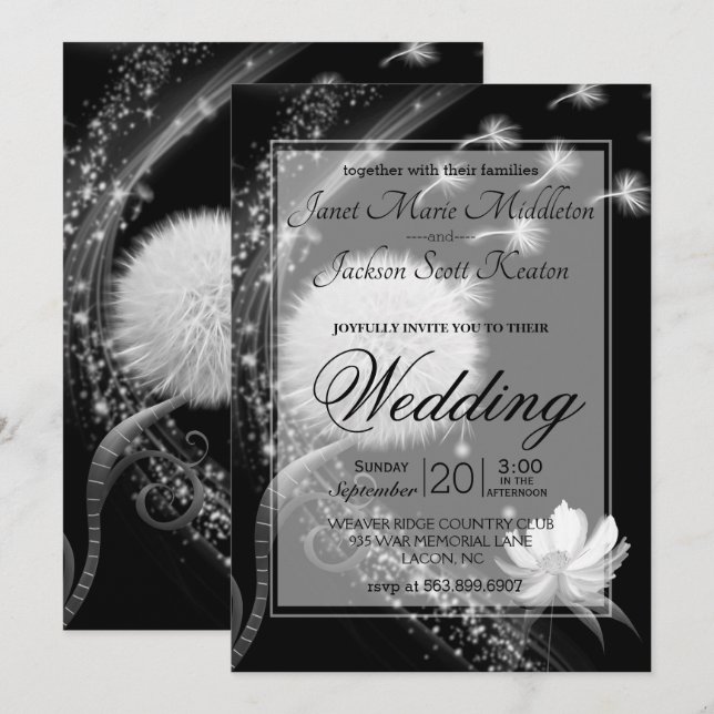 Black and White Dandelion Wedding Invitation (Front/Back)