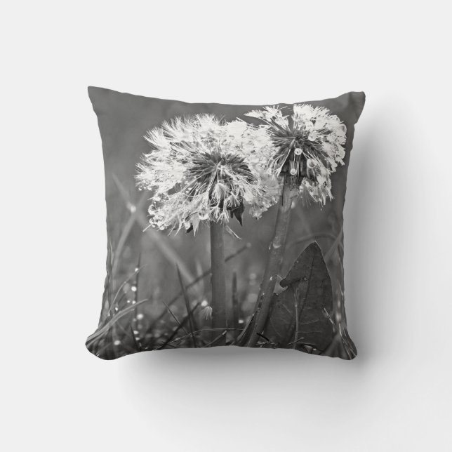 Black and White Dandelions and dew Throw Pillow (Front)