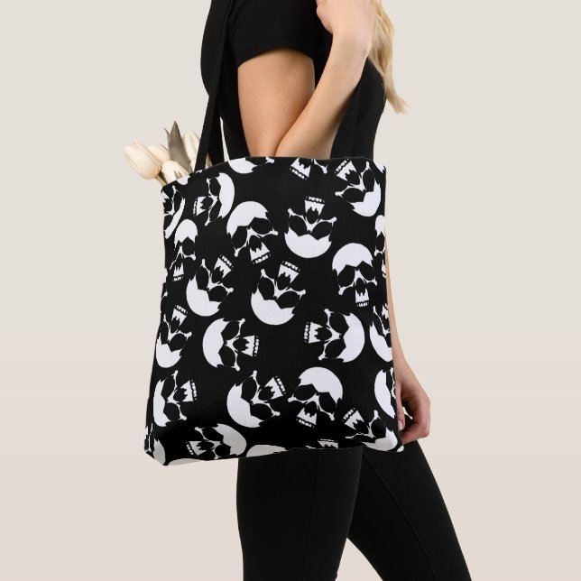 Black and White Dark Aesthetic Skull Pattern Tote Bag (Close Up)