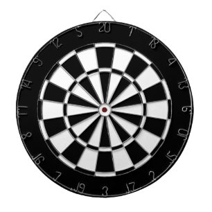 Black and white dartboard with darts