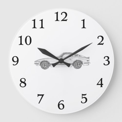 Black and White Datsun 240Z Pencil Style Drawing Large Clock