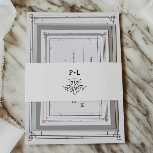 Black and White Deco | Elegant Monogram Wedding Invitation Belly Band