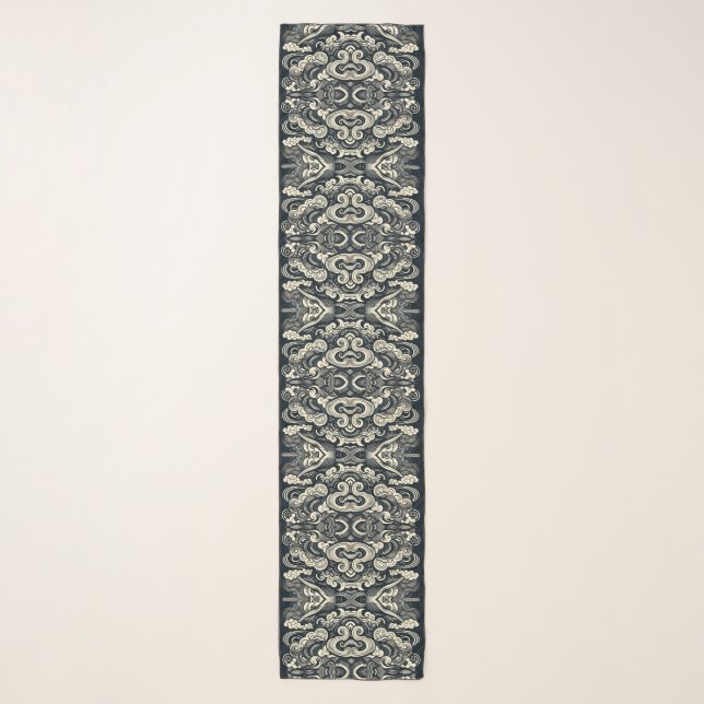 Black and White Deco Style Wave and Swirl  Scarf (Front)