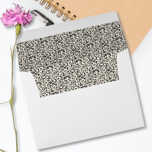 Black and White Deco Swirl Lined Notecard Envelope