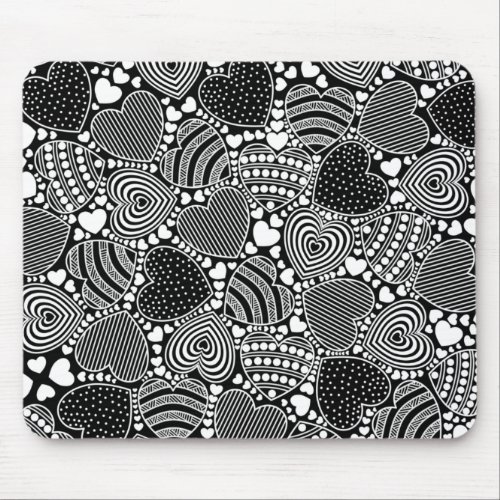 Black and White Decorative Hearts Pattern Mouse Pad