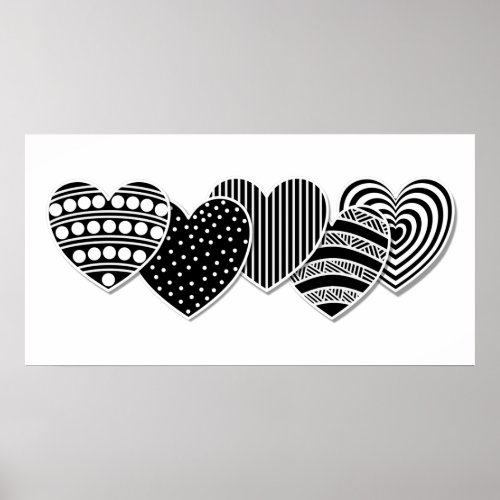 Black and White Decorative Hearts Poster