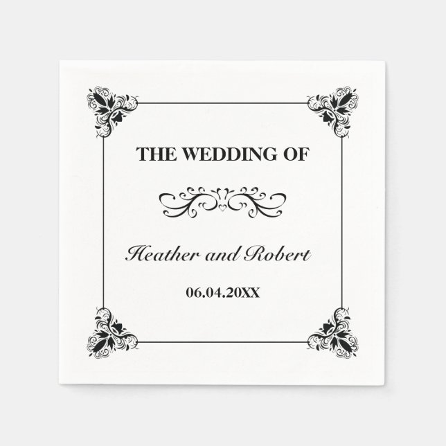 Black And White Decorative Minimalist Wedding Paper Napkins (Front)