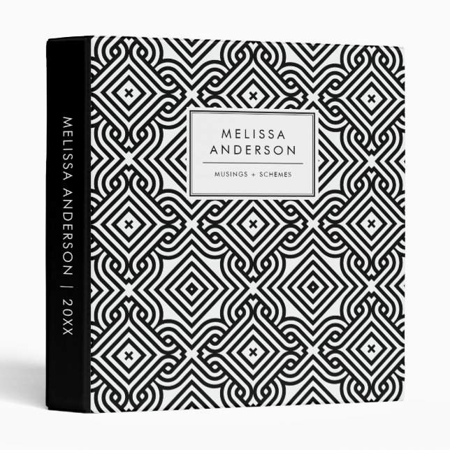 Black and White Decorative Ornamental Tile Pattern 3 Ring Binder (Front/Spine)