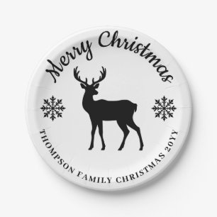 Black And White Deer And Snowflakes Holiday Party Paper Plates