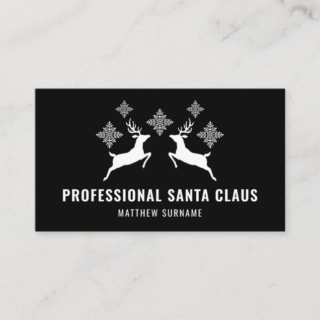 Black And White Deer And Snowflakes Santa Claus Business Card (Front)