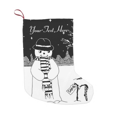 black and white design of cute smiling snowman small christmas stocking