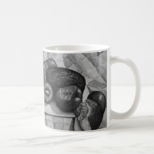 black and white design of exotic fruit coffee mug