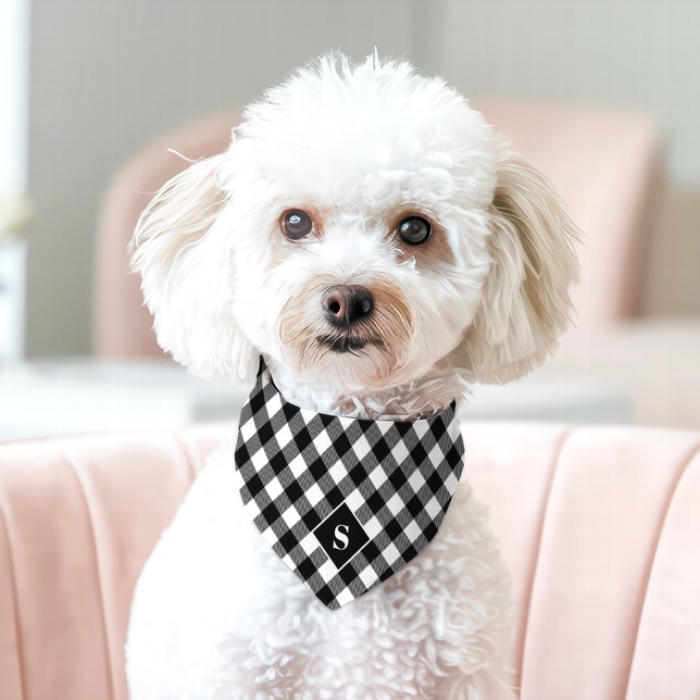 Black And White Diagonal Buffalo Plaid Monogram Pet Bandana Collar (Creator Uploaded)