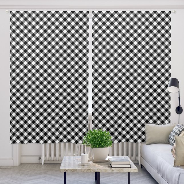 Black and White Diagonal Gingham Plaid Pattern Blackout Curtains (Living Room)