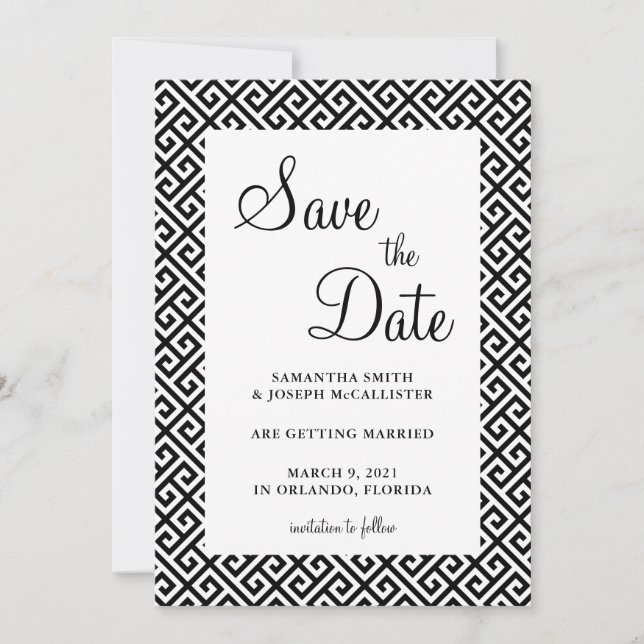Black and White Diagonal Greek Key Pattern Save The Date (Front)